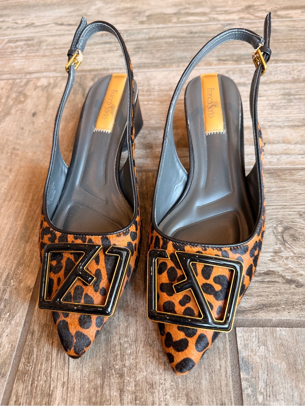Franco Sarto Leopard Print Pointed Slingback Flats with Gold Buckle